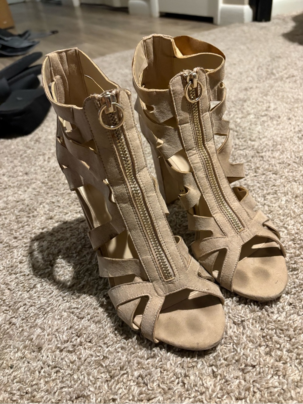 Women’s Beige Suede Strappy Zip-Front Heels
